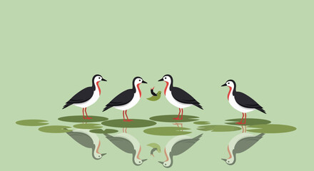 Obraz premium Four Elegant Water Birds Gathered on Lily Pads In A Calm Pond Scene