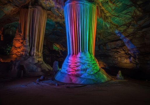 Mysterious geological formation inside a deep, ancient, and dark limestone cavern featuring large stalactites and impressive mineral formations, shadow, vast, travel