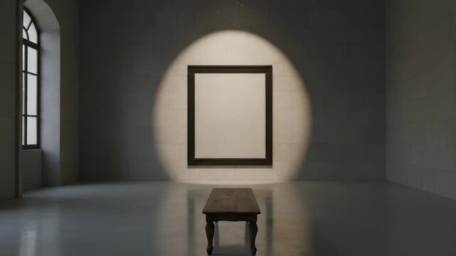An empty picture frame hangs spotlighted in a stark art gallery room awaiting its first masterpiece A single bench sits before it