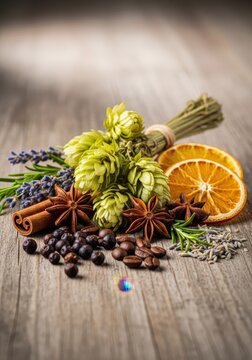 Rustic composition of dried botanical material, emphasizing herbal flavorings and traditional components used in making craft beverages, raw, heap, wooden