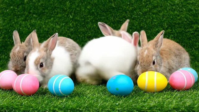 Group of cute baby rabbits and colorful easter eggs in a row on green grass. Festive spring holiday banner for easter celebration and seasonal greetings. Adorable animal scene