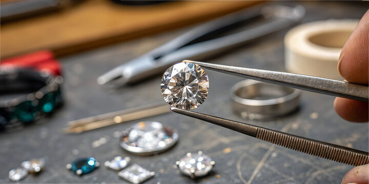 A hand grips a round diamond using tweezers. Surrounding the hand are various gemstones and jewelry tools on a workbench. Light enters through a nearby window