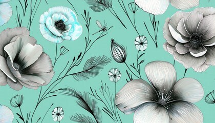 watercolor and pastel flowers in black and white on a mint green background cute watercolor seamless pattern watercolor print in rustic vintage style textile or wallpapers