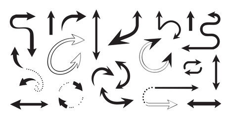 Set of various black and white arrows collection, different style arrow signs, vector illustration