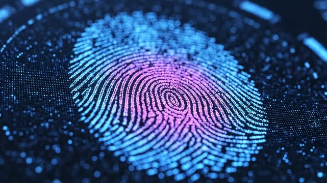 Close-up abstract of a glowing blue and pink fingerprint, symbolizing identification and security in a digital age