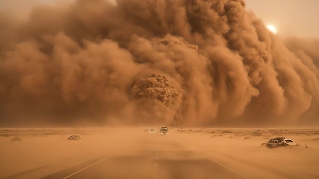 A colossal dust storm looms over a desolate desert highway Intense winds engulf the landscape in a swirling vortex of sand and dirt
