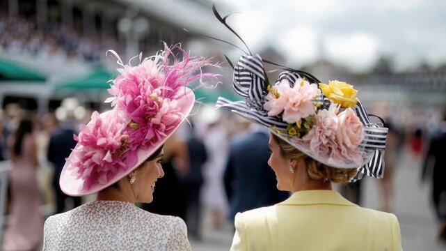 women in ornate hats at racecourse, smiling spectators in pastel millinery, closeup profiles of stylish guests with layered grandstand in background, festive