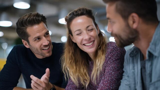 three colleagues gathered around laptop, surprised and smiling as they review prototype in modern open-plan office; product designer points at screen