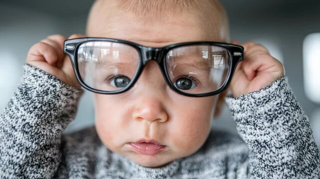 baby wearing clear glasses closeup capturing playful expressions, chubby cheeks, tiny hands adjusting oversized transparent frames, soft neutral background,