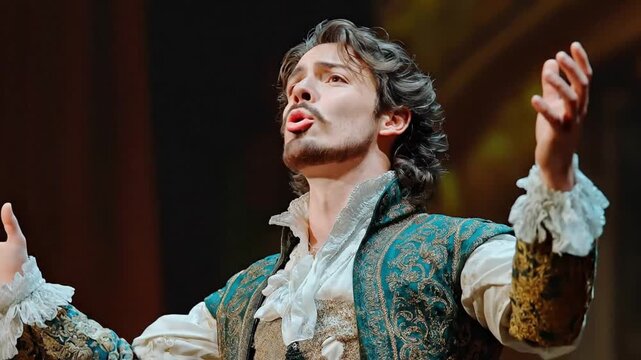 A male opera singer in historical costume performs an opera aria on a theatre stage.
