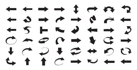Naklejka premium Assorted arrow icons and symbols, flat design, pointing in multiple directions