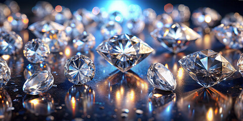Many diamonds are arranged on a dark surface with shining reflections. The light creates a glowing effect around the gems. Different shapes and sizes are visible
