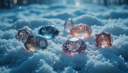 Crystals of various shapes and colors are scattered on white snow in a forest. Sunlight hits the crystals, creating beautiful reflections as snowflakes fall around them