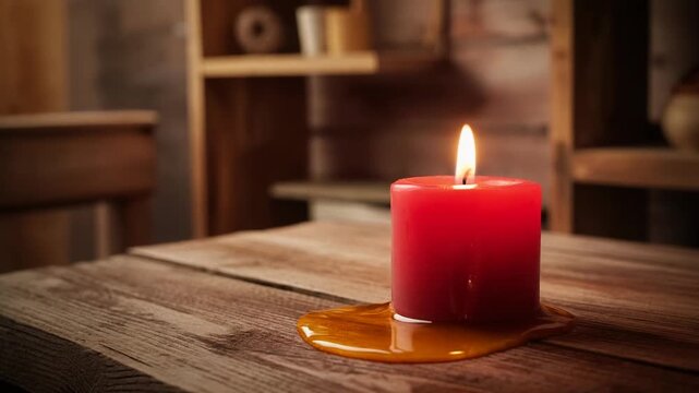 4K video of a melting red candle on a wooden table