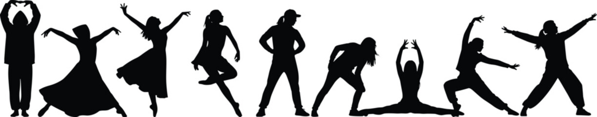 Dancing People Silhouettes Collection, Energetic Men and Women Dance Poses, Party Celebration, Hip Hop Ballet Contemporary Performance Vector Illustration