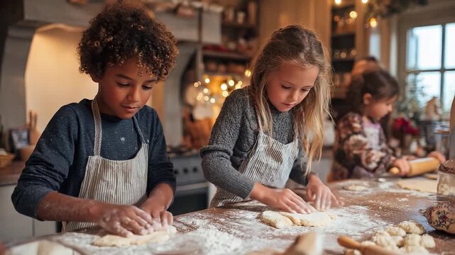 Children enjoy baking together in a cozy kitchen during the holiday season