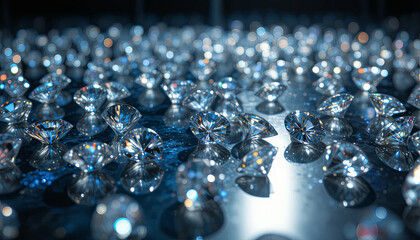 Diamonds are placed closely together on a shiny surface. The bright light reflects off the diamonds, creating many sparkles. The setting highlights their shapes and clarity