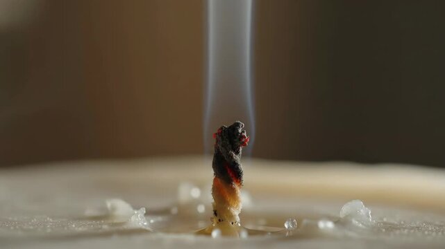 A close up shot captures a burning candle wick with wisps of smoke rising gracefully into the air creating a sense of warmth and reflection