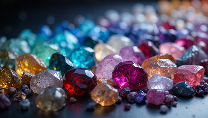 A collection of gemstones in different colors is laid out on a dark surface. The stones display various shapes and sizes. The lighting highlights their features and colors