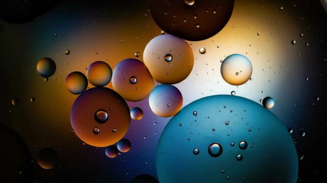 Abstract macro photography captures colorful oil and water droplets suspended in liquid creating a mesmerizing cosmic nebula or alien planet surface
