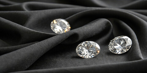 Three clear, sparkling diamonds rest on a smooth black fabric. The light reflects off their surfaces, showing off their cuts and clarity. The fabric adds contrast to their shine