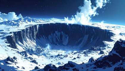 Snowy, expansive crater landscape under a dark, starry sky, with clouds filling the abyss. Digital painting style