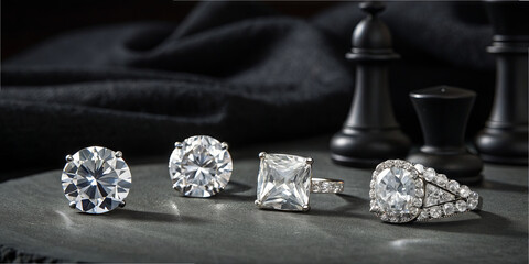 Four diamond rings are arranged neatly on a flat dark surface. The rings show different shapes and styles. Behind the rings, there are chess pieces that add interest to the scene