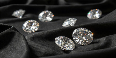 Diamonds of various sizes are placed on a smooth black fabric. Soft light shines on them, highlighting their cuts and clarity. The arrangement looks casual and scattered