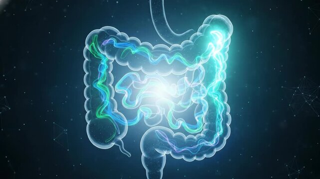 An abstract glowing representation of the human digestive system Organs pulse with light on a dark cosmic background Medical science concept