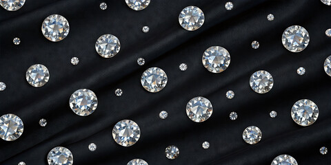 Clear stones are placed on black fabric creating a visual contrast. The stones reflect light in various directions, offering an interesting texture. The setup is simple and elegant