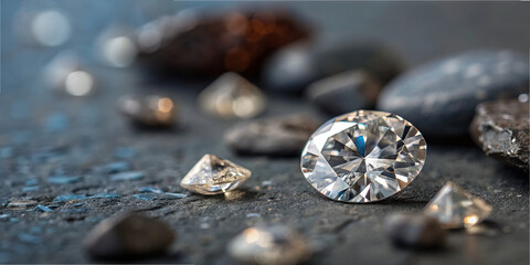 Various diamonds and stones sit on a dark surface. Each diamond shines in the light, creating reflections. The scene shows a mix of shapes and sizes, highlighting their beauty