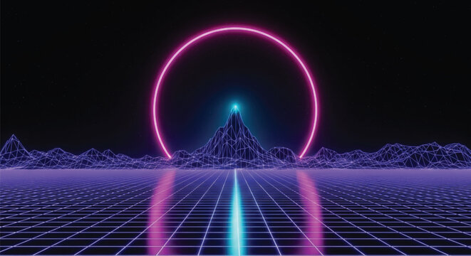 Neon retro-futuristic landscape with grid lines on the ground, a central mountain, and a glowing pink sun in a starry sky, creating a nostalgic ambiance.