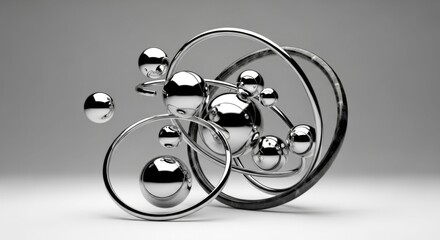Abstract metallic spheres and rings, science, technology, modern art, 3d render
