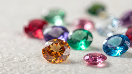 Several gemstones are scattered on a light surface. They show various colors and shapes, reflecting light in a bright setting. The scene highlights the beauty of the stones