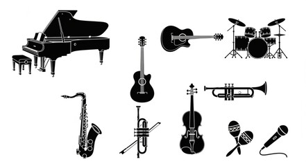 Collection of musical instruments silhouette isolated on white background. © Rian