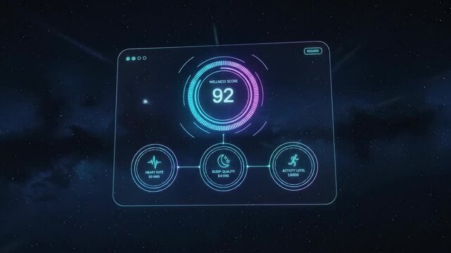 Futuristic holographic interface displays dynamic data visualization with glowing progress circles and icons against a dark digital backdrop representing innovation and technology