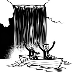 Businessmen in Boat Near Waterfall Disaster.