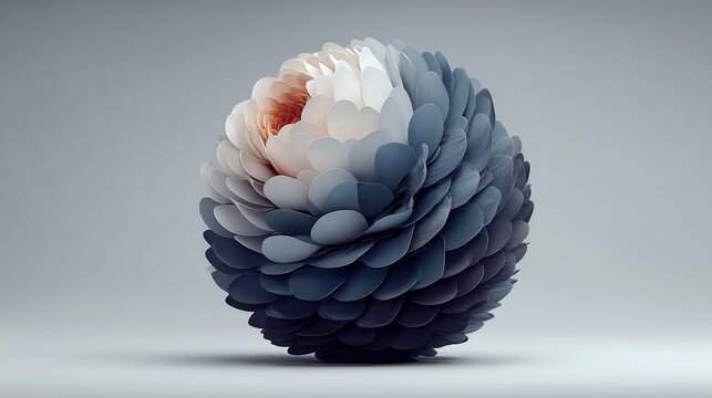 Abstract geometric floral sphere with overlapping grey petals for minimalist design.
