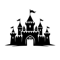 Obraz premium A majestic black and white illustration of a castle with towers and a flag