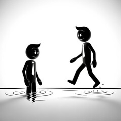 Cartoon Characters Walking on Water Surface.