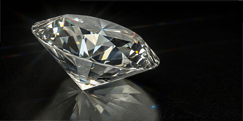 A diamond sits on a black surface, reflecting light in different directions. Its cut creates various sparkling patterns. The setting allows the diamond to shine brightly