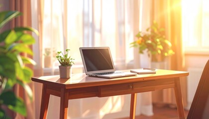 Fototapeta premium Cozy workspace with laptop and plants bathed in sunlight.