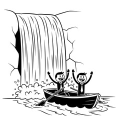 Cartoon People in Boat Near Waterfall.