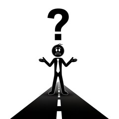 Confused Businessman Standing on Road with Question Mark.