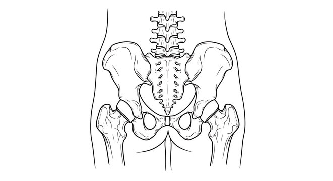 Detailed human pelvic bone anatomy illustration medical diagram skeletal system vector black and white line art