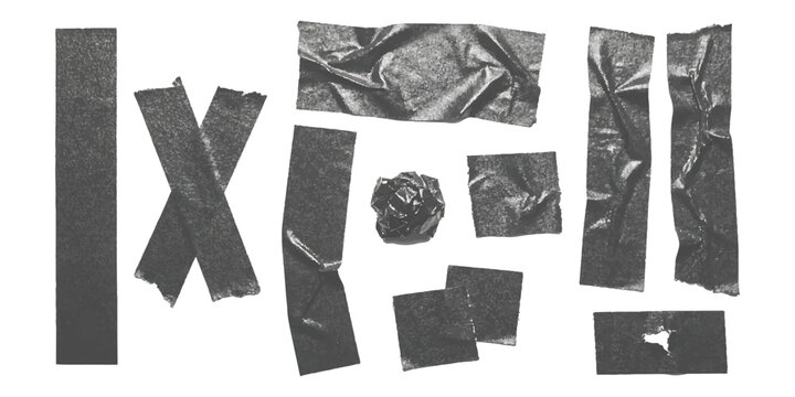 Collection of crumpled and torn black duct tape pieces and strips scattered on a white background, realistic vector illustration