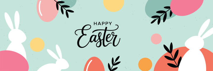 Happy Easter horizontal banner featuring white jumping rabbits, colorful speckled eggs, and black leaves for spring holiday celebration greeting card, © Heyy there