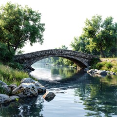 Fototapeta premium Stone bridge over calm water surrounded by greenery, bathed in sunlight. Peaceful, serene scenery
