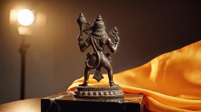Hanuman, Bronze statue of a Hindu deity on a pedestal with orange fabric and a lamp in the background