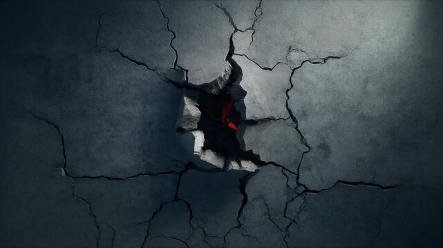 A cracked wall with a hole revealing a dark, ominous figure emerging from the shadows.